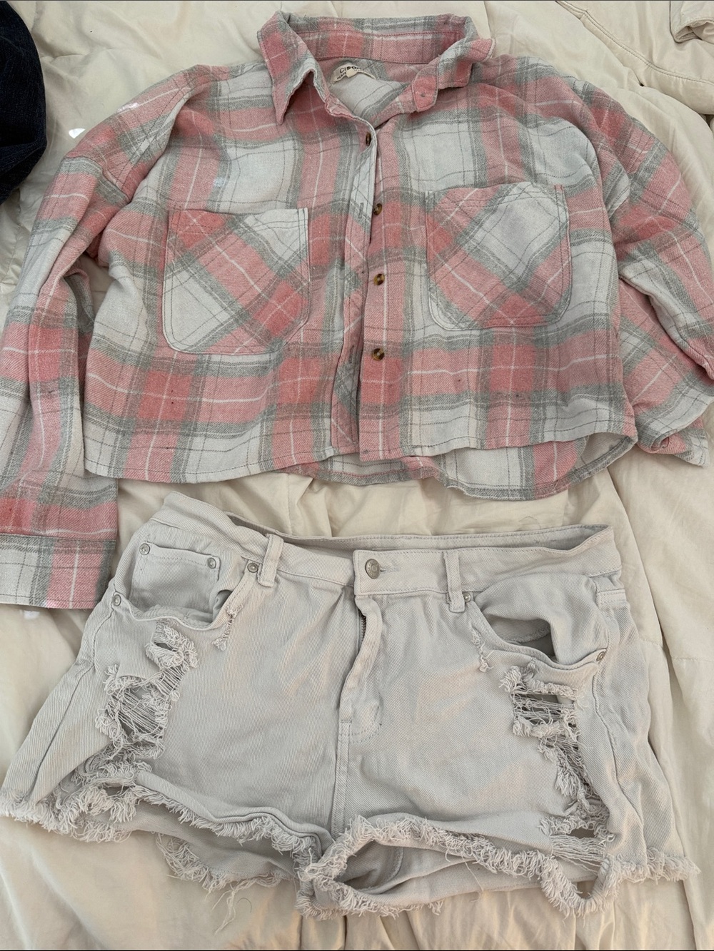 Women’s Pink Plaid Cropped Shirt with white Distressed Denim Shorts